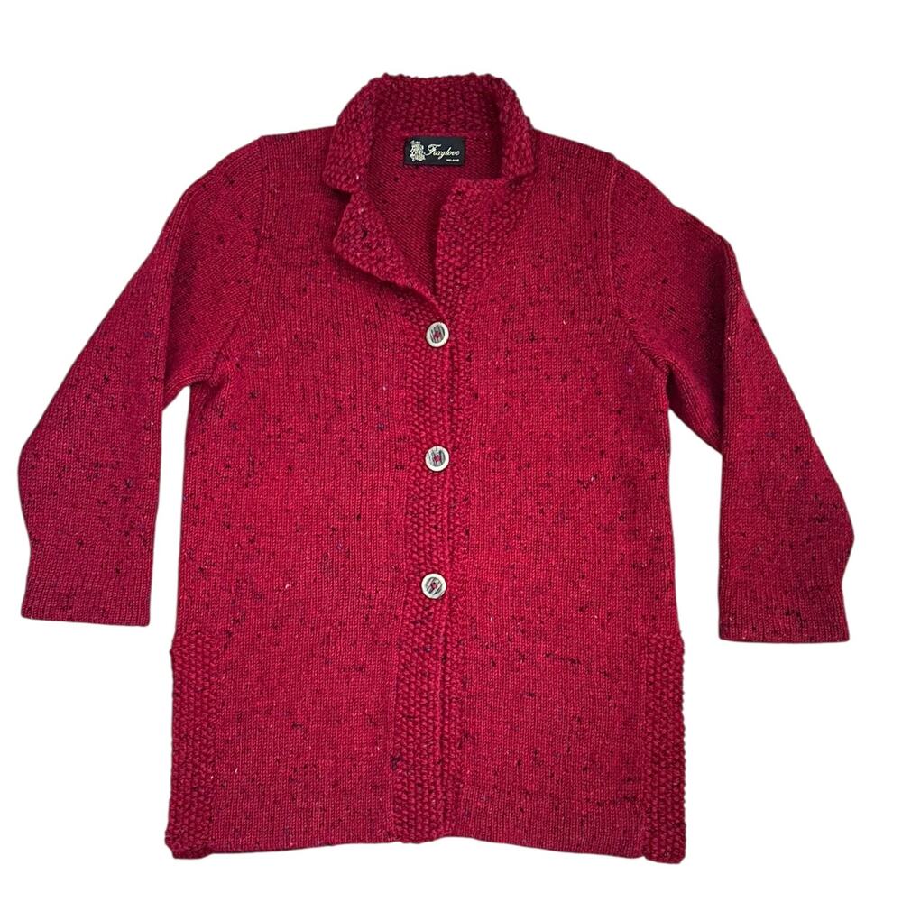 Foxglove Ireland M Red Tweed Chunky Knit Cardigan Sweater Jacket Pocket